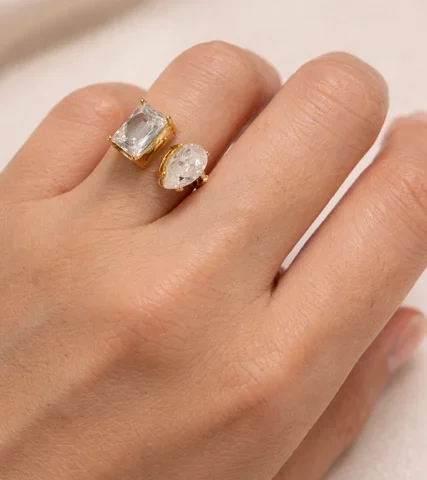 Anillo Dalia de acero inoxidable con doble circonita brillante