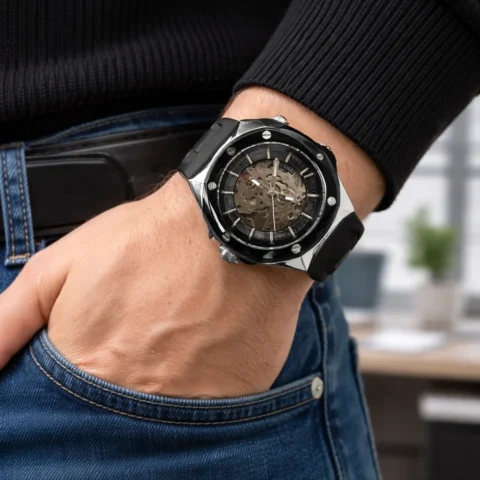 Reloj automático Skyline Nova en muñeca de hombre con camisa negra en cafetería.