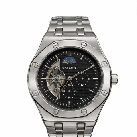 Reloj automático Skyline Eclipse de acero con esfera negra y mecanismo visible sobre fondo blanco.