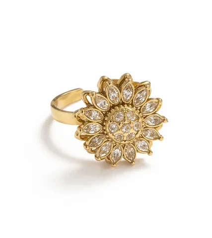 Anillo girasol antiestrés dorado de acero inoxidable con circonitas Inaya