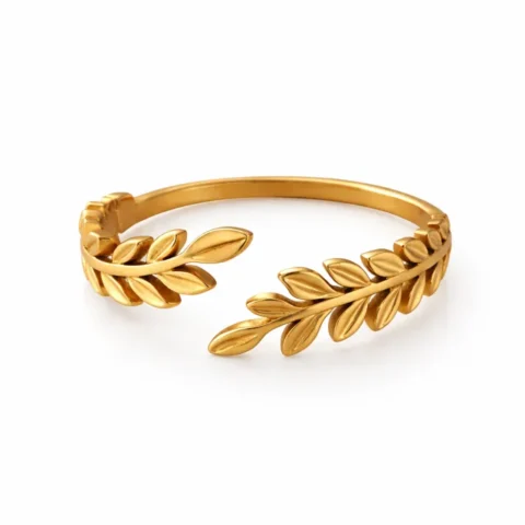 Anillo Silvestre de hojas en acero inoxidable dorado ajustable Inaya Complementos