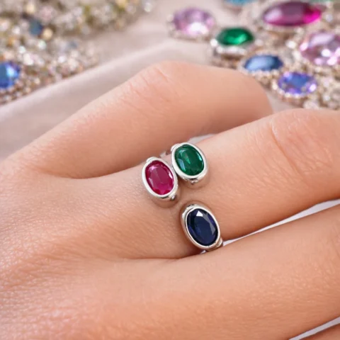 Anillo ajustable de plata de ley con piedras azul rosa y verde colocado en mano