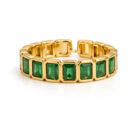 Anillo Viridia Square dorado con piedras verdes rectangulares