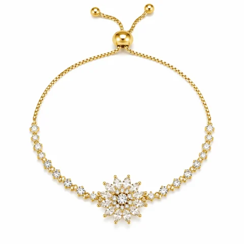 Pulsera Helios dorada con girasol giratorio y circonitas sobre fondo blanco