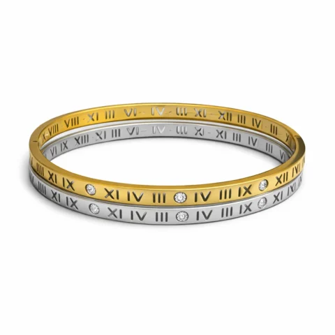 Pulsera Tempus en dorado y plateado de acero inoxidable con números romanos y circonitas sobre fondo blanco.