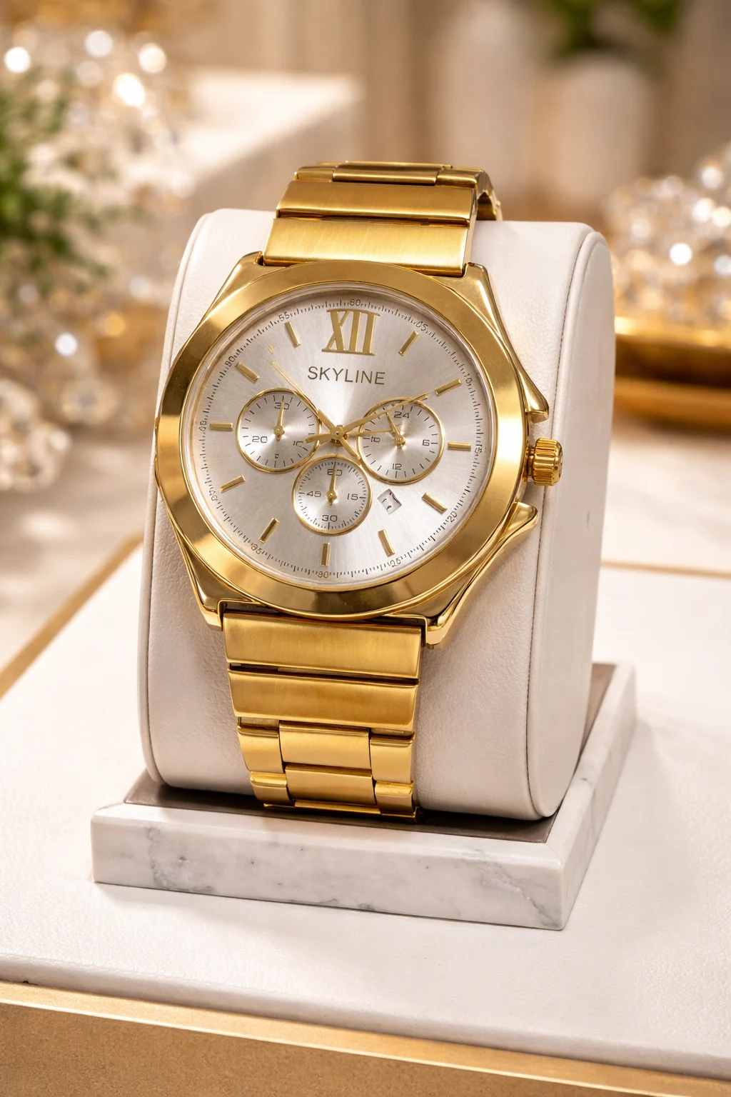 reloj skyline classic horizon gold de acero inoxidable dorado en escaparate elegante