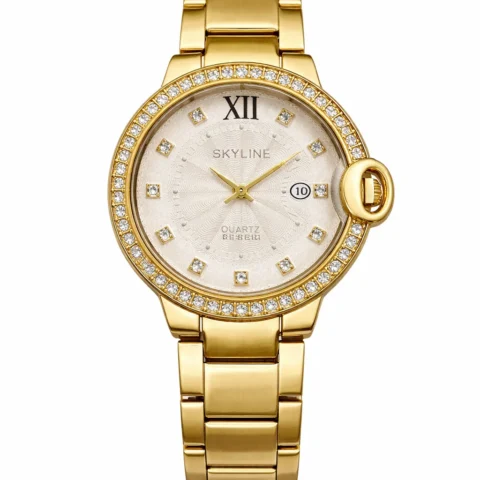 reloj mujer Skyline Éclat Gold acero inoxidable dorado esfera plateada fondo blanco