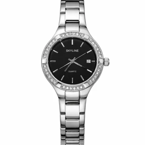 Reloj Skyline Éclipse Steel de acero inoxidable con esfera negra y bisel de circonitas sobre fondo blanco