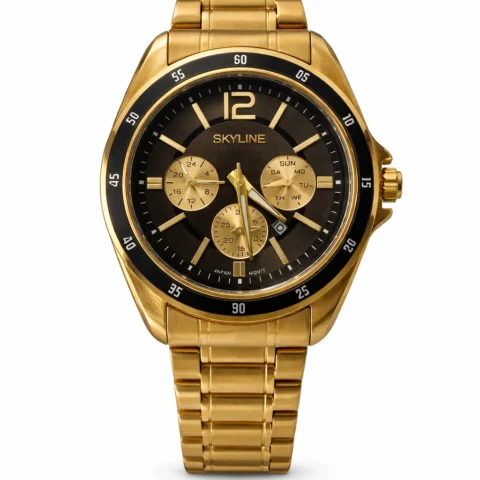 reloj skyline prestige gold con esfera negra y pulsera de acero inoxidable