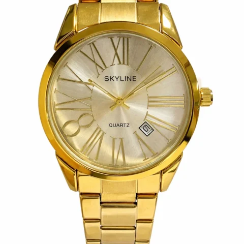Reloj Skyline Roma Gold unisex dorado con esfera blanca y números romanos sobre fondo blanco