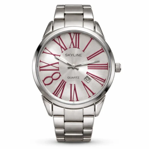 Reloj Skyline Roma Steel de acero inoxidable con esfera plateada y números romanos sobre fondo blanco