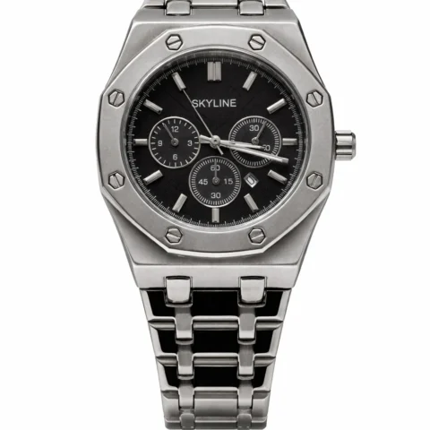 Reloj Skyline Titan para hombre en acero inoxidable con esfera negra sobre fondo blanco