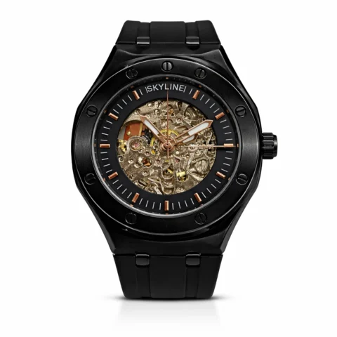 Reloj automático Skyline Vertex negro con mecanismo visible y correa de caucho sobre fondo blanco.