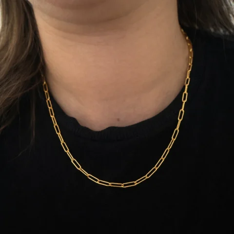 Cadena Élan dorada de eslabones puesta en cuello estilo minimalista