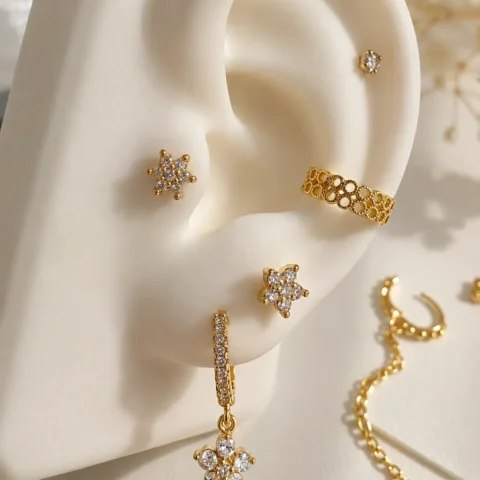 Piercing Auralis Flor dorado colocado en la oreja