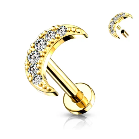 Piercing Auralis Luna dorado con circonitas sobre fondo blanco