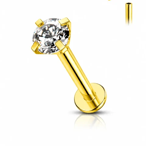 Labret dorado con circonita brillante de 3 mm sobre fondo blanco