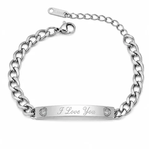 Pulsera grabable plateada con placa personalizada I Love You y detalle de circonitas en acero inoxidable