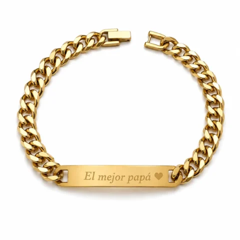 Pulsera Élya Infinity dorada grabable en acero inoxidable sobre fondo blanco