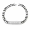 Pulsera Élya Infinity plateada grabable en acero inoxidable sobre fondo blanco