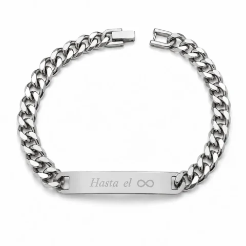 Pulsera Élya Infinity plateada grabable en acero inoxidable sobre fondo blanco