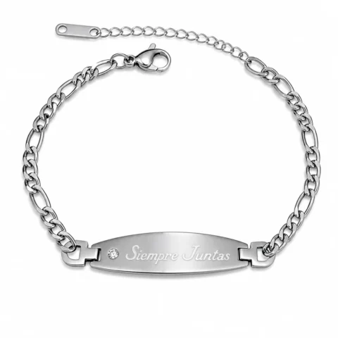 Pulsera plateada personalizada Élya Luz con circonita y placa grabable en acero inoxidable