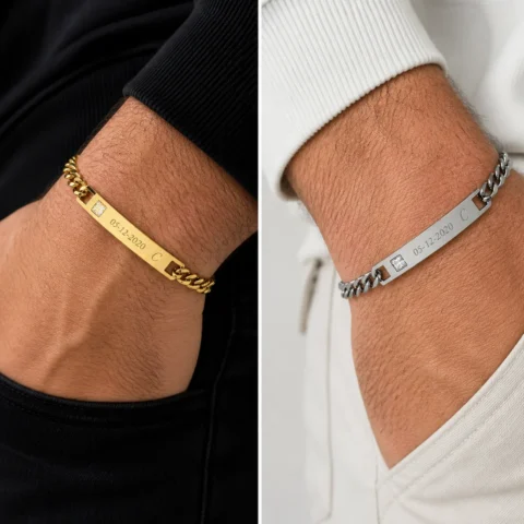 Pulseras personalizadas Élya en muñecas de pareja con grabado romántico