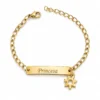 Pulsera dorada personalizada para niña con placa grabable y charm de flor Nexo Dulzura