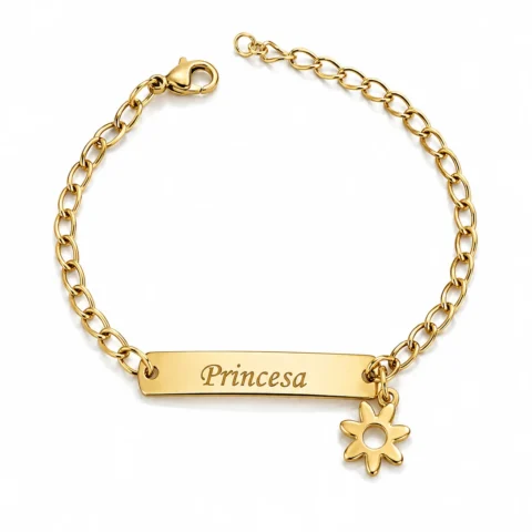 Pulsera dorada personalizada para niña con placa grabable y charm de flor Nexo Dulzura