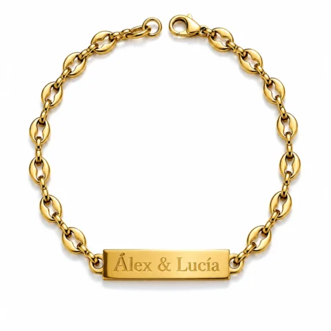 Pulsera dorada con placa grabable Nexo Unión sobre fondo blanco con acabado brillante