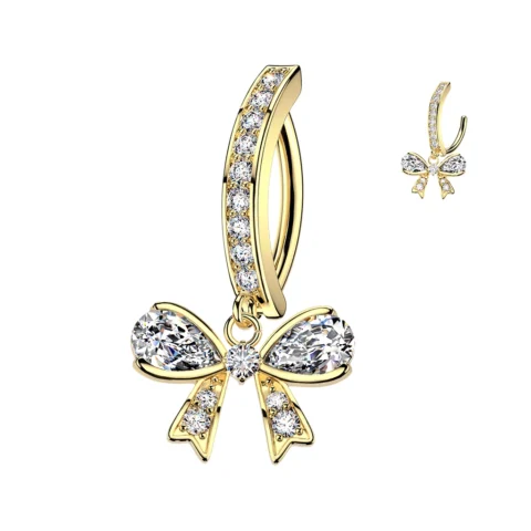 Piercing de ombligo Elara Lazo dorado con circonitas sobre fondo blanco.